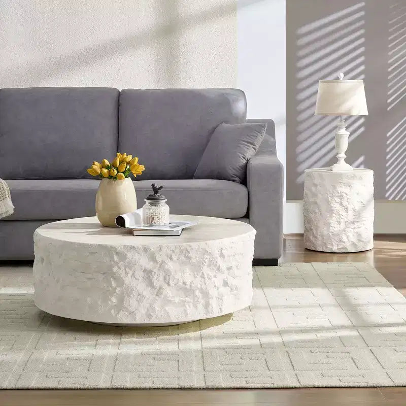 Table Basse Ronde/Carrée en Fibre de Verre Table d'Appoint Table de Cocktail Table Centrale Table d'Extrémité Table d'Appoint de Canapé, Aucun Assemblage Requis, Beige-ModernLuxe