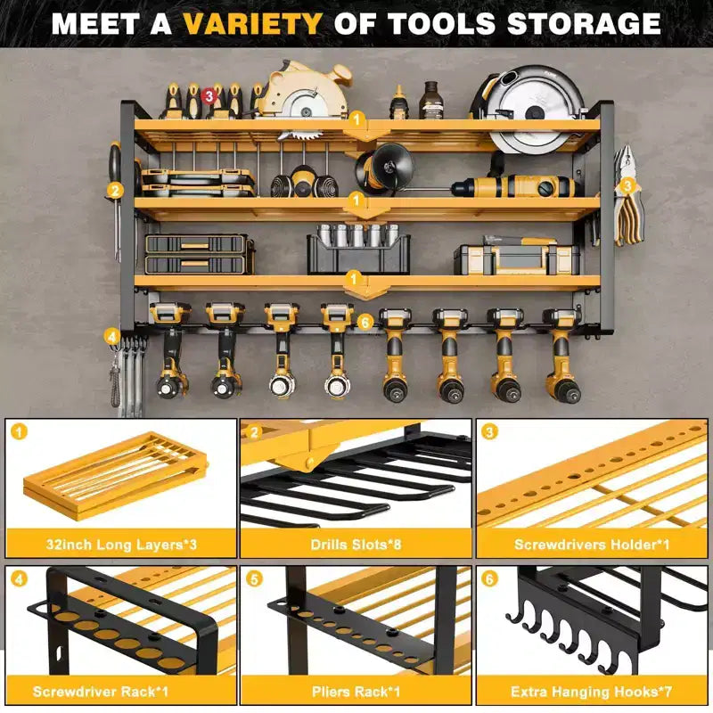 Organisateur d'outils électriques à 4 niveaux Hausource avec 8 supports de perceuse, étagère de rangement pour outils, cadeau pour hommes