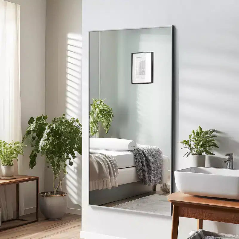 Miroir rectangulaire intégral 59*35, Miroir sur pied à cadre en alliage d'aluminium argenté, Miroir de courtoisie pour salle de bain, chambre, entrée, salon/dressing