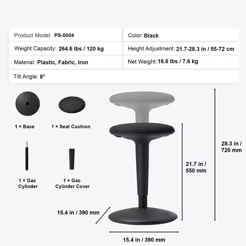 Chaise VEVOR Wobble, réglable en hauteur (21,7-28,3 po), chaise active, tabouret oscillant flexible en fer améliorant la concentration et la posture, 12-18 ans, noir