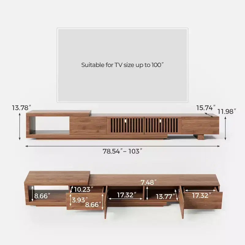 Meuble TV extensible Luck Live Mid-Century Modern 200 cm avec 2 tiroirs, 2 portes, un rangement ouvert, maximum 305 cm/Couleur Noyer et Moderne.