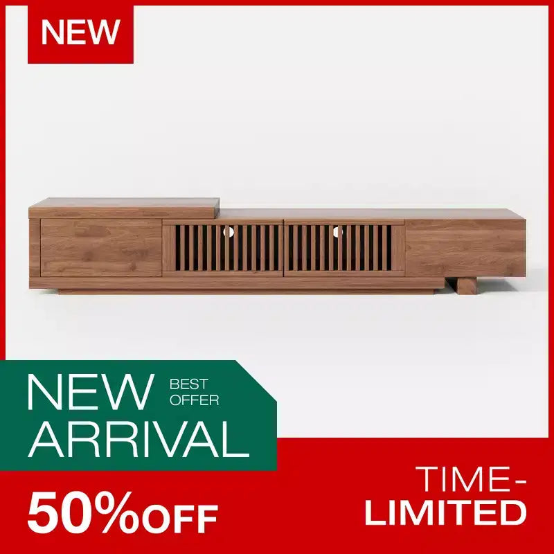 Meuble TV extensible Luck Live Mid-Century Modern 200 cm avec 2 tiroirs, 2 portes, un rangement ouvert, maximum 305 cm/Couleur Noyer et Moderne.