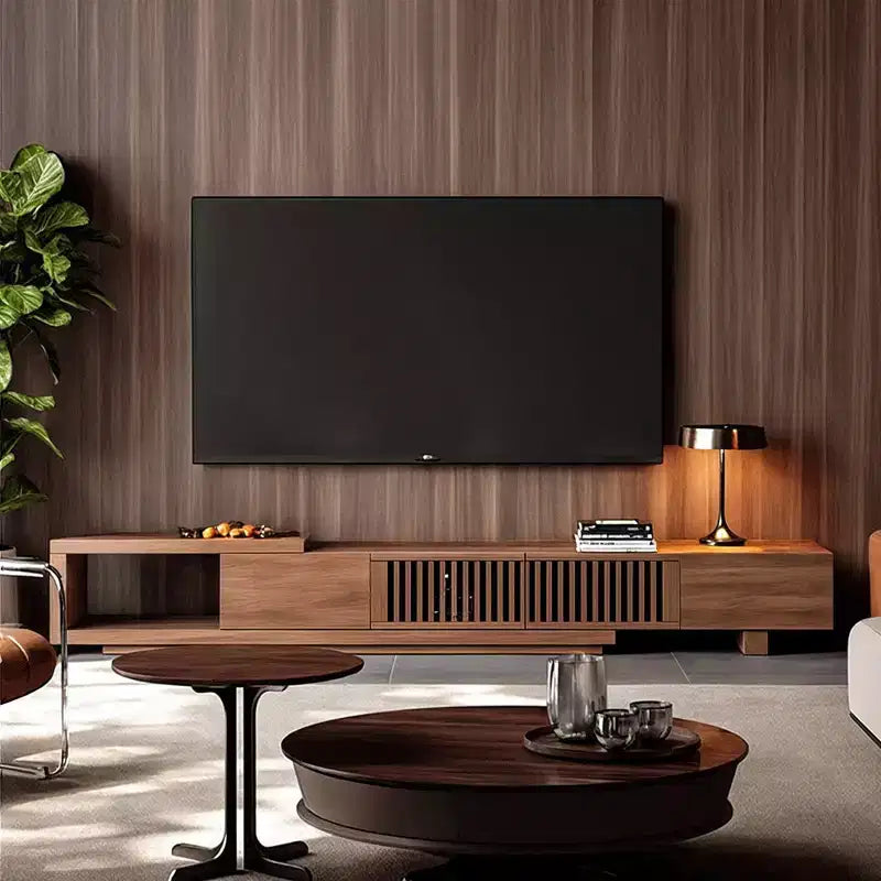 Meuble TV extensible Luck Live Mid-Century Modern 200 cm avec 2 tiroirs, 2 portes, un rangement ouvert, maximum 305 cm/Couleur Noyer et Moderne.