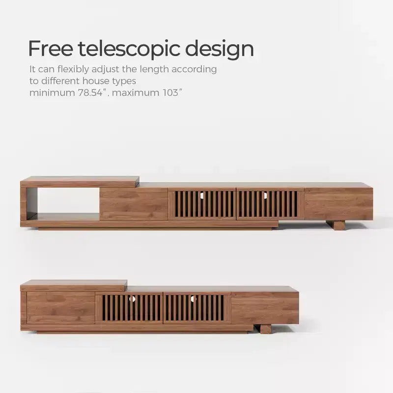 Meuble TV extensible Luck Live Mid-Century Modern 200 cm avec 2 tiroirs, 2 portes, un rangement ouvert, maximum 305 cm/Couleur Noyer et Moderne.