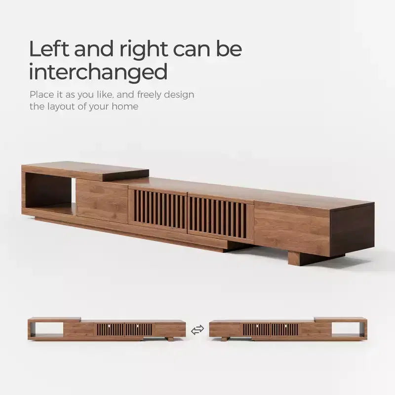 Meuble TV extensible Luck Live Mid-Century Modern 200 cm avec 2 tiroirs, 2 portes, un rangement ouvert, maximum 305 cm/Couleur Noyer et Moderne.