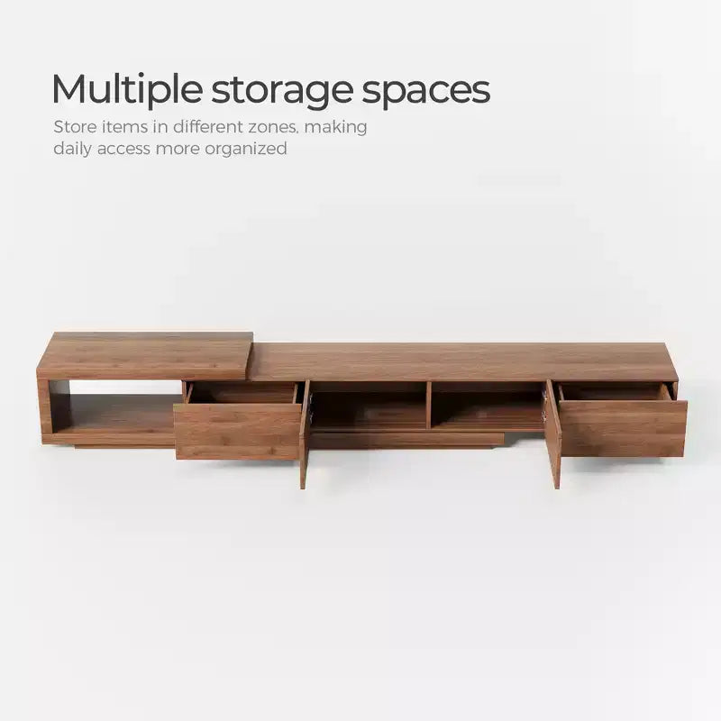 Meuble TV extensible Luck Live Mid-Century Modern 200 cm avec 2 tiroirs, 2 portes, un rangement ouvert, maximum 305 cm/Couleur Noyer et Moderne.