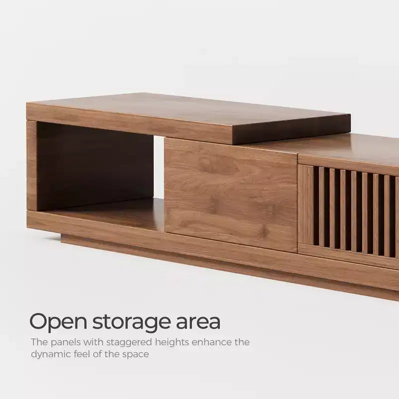 Meuble TV extensible Luck Live Mid-Century Modern 200 cm avec 2 tiroirs, 2 portes, un rangement ouvert, maximum 305 cm/Couleur Noyer et Moderne.