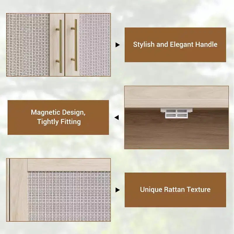 Meuble à chaussures 6 niveaux en rotin avec 2 portes, étagères réglables, range-chaussures en bois pour entrée, couloir, salon