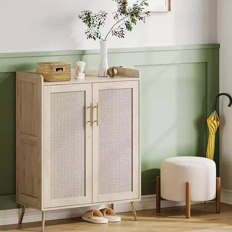 Meuble à chaussures 6 niveaux en rotin avec 2 portes, étagères réglables, range-chaussures en bois pour entrée, couloir, salon