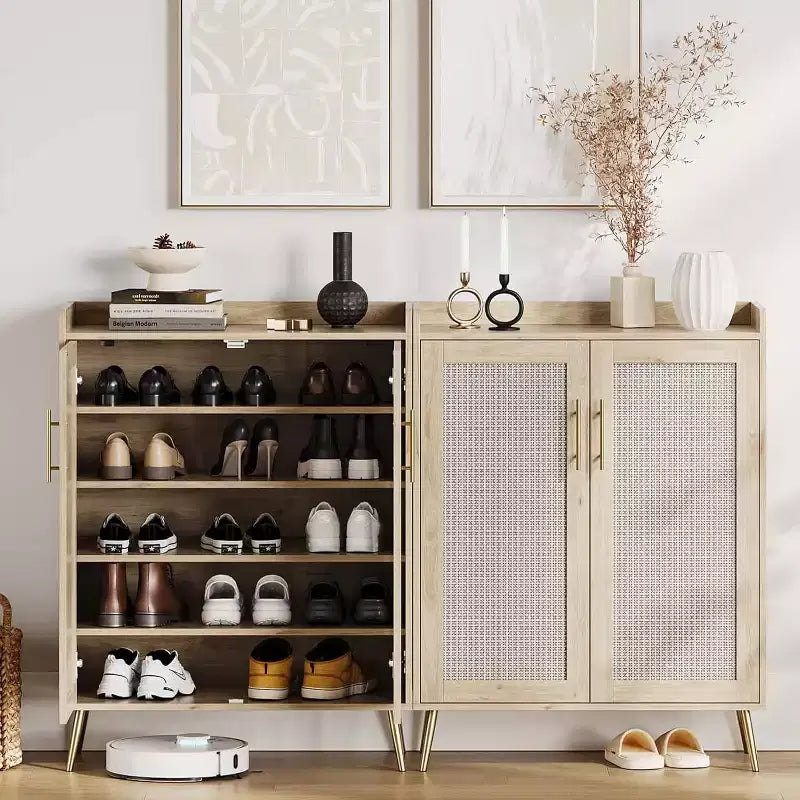Meuble à chaussures 6 niveaux en rotin avec 2 portes, étagères réglables, range-chaussures en bois pour entrée, couloir, salon