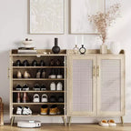 Meuble à chaussures 6 niveaux en rotin avec 2 portes, étagères réglables, range-chaussures en bois pour entrée, couloir, salon