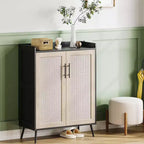 Meuble à chaussures 6 niveaux en rotin avec 2 portes, étagères réglables, range-chaussures en bois pour entrée, couloir, salon