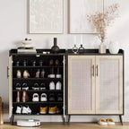 Meuble à chaussures 6 niveaux en rotin avec 2 portes, étagères réglables, range-chaussures en bois pour entrée, couloir, salon