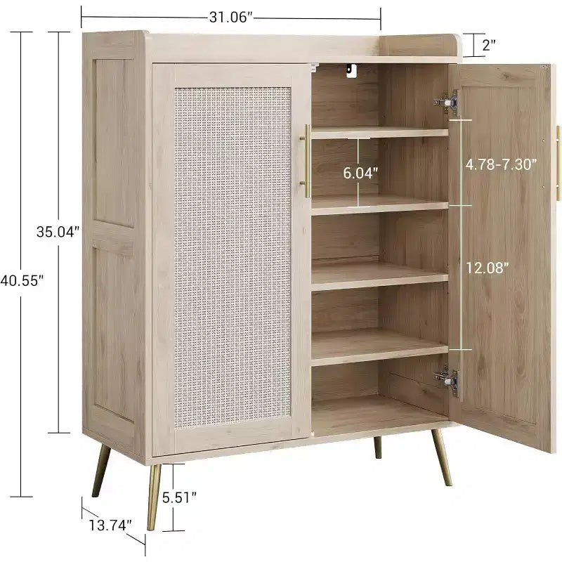 Meuble à chaussures 6 niveaux en rotin avec 2 portes, étagères réglables, range-chaussures en bois pour entrée, couloir, salon
