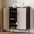 6-Tier Rattan Shoe Cabinet with 2 Doors, Adjustable Shelves, Wooden Shoe Rack for Entryway, Hallway, Living Room