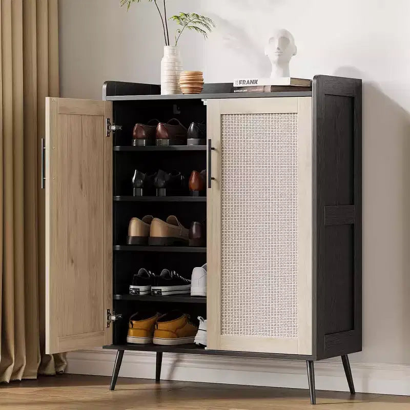 6-Tier Rattan Shoe Cabinet with 2 Doors, Adjustable Shelves, Wooden Shoe Rack for Entryway, Hallway, Living Room