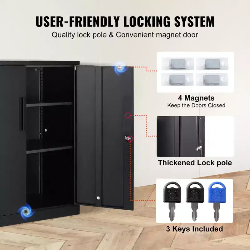 Armoire de rangement en métal VEVOR avec 2 portes magnétiques et 2 étagères réglables, capacité de 90,7 kg par étagère, armoire de rangement en acier verrouillable