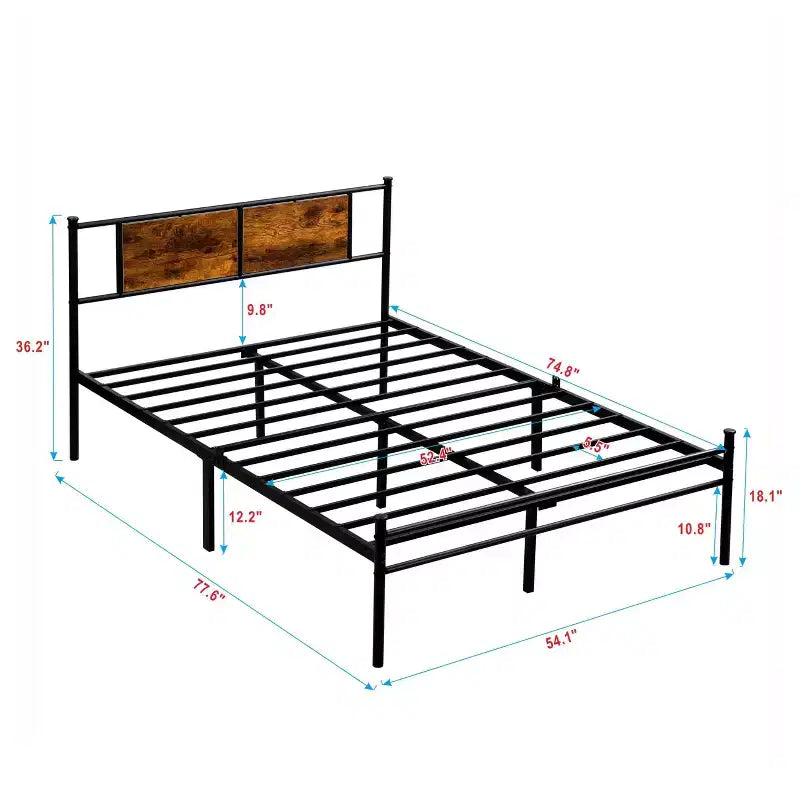 Cadre de lit double Okak avec tête de lit, cadre de lit plateforme en métal avec panneau décoratif en bois pour chambre à coucher, noir + marron
