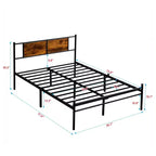 Cadre de lit double Okak avec tête de lit, cadre de lit plateforme en métal avec panneau décoratif en bois pour chambre à coucher, noir + marron