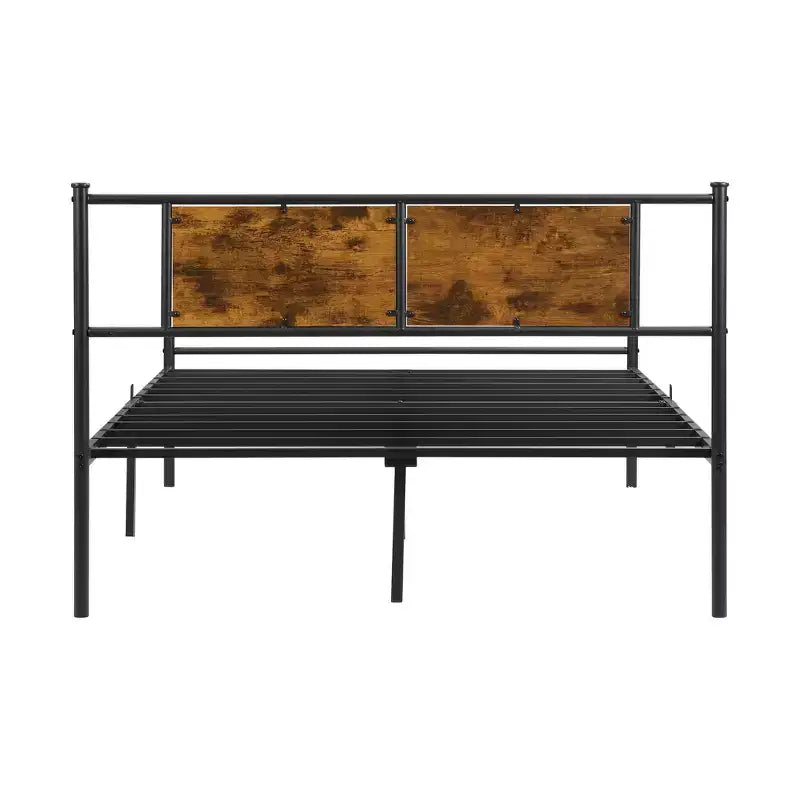 Cadre de lit double Okak avec tête de lit, cadre de lit plateforme en métal avec panneau décoratif en bois pour chambre à coucher, noir + marron
