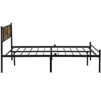 Cadre de lit double Okak avec tête de lit, cadre de lit plateforme en métal avec panneau décoratif en bois pour chambre à coucher, noir + marron