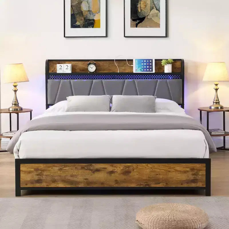 Cadre de lit double Okak avec tête de lit de rangement et station de charge, lit rembourré avec 4 tiroirs de rangement, lumières LED, marron + gris