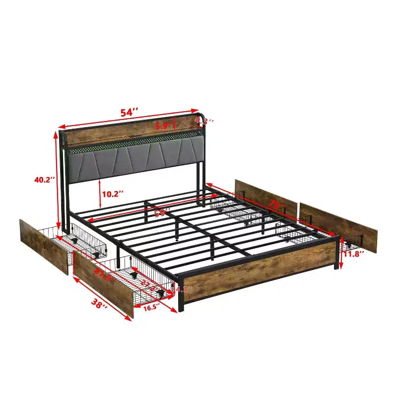 Cadre de lit double Okak avec tête de lit de rangement et station de charge, lit rembourré avec 4 tiroirs de rangement, lumières LED, marron + gris