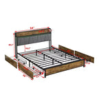 Cadre de lit double Okak avec tête de lit de rangement et station de charge, lit rembourré avec 4 tiroirs de rangement, lumières LED, marron + gris