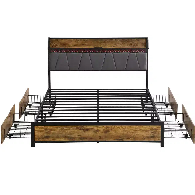 Cadre de lit double Okak avec tête de lit de rangement et station de charge, lit rembourré avec 4 tiroirs de rangement, lumières LED, marron + gris