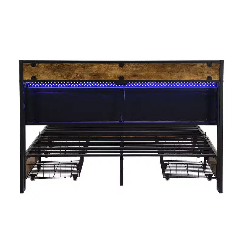 Cadre de lit double Okak avec tête de lit de rangement et station de charge, lit rembourré avec 4 tiroirs de rangement, lumières LED, marron + gris