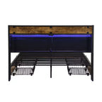 Cadre de lit double Okak avec tête de lit de rangement et station de charge, lit rembourré avec 4 tiroirs de rangement, lumières LED, marron + gris