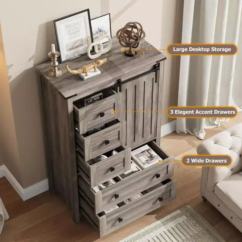 Commode de ferme Whizmax 48 - Commode en bois à 5 tiroirs avec porte coulissante de style grange et étagère réglable, Organisateur de rangement pour chambre à coucher