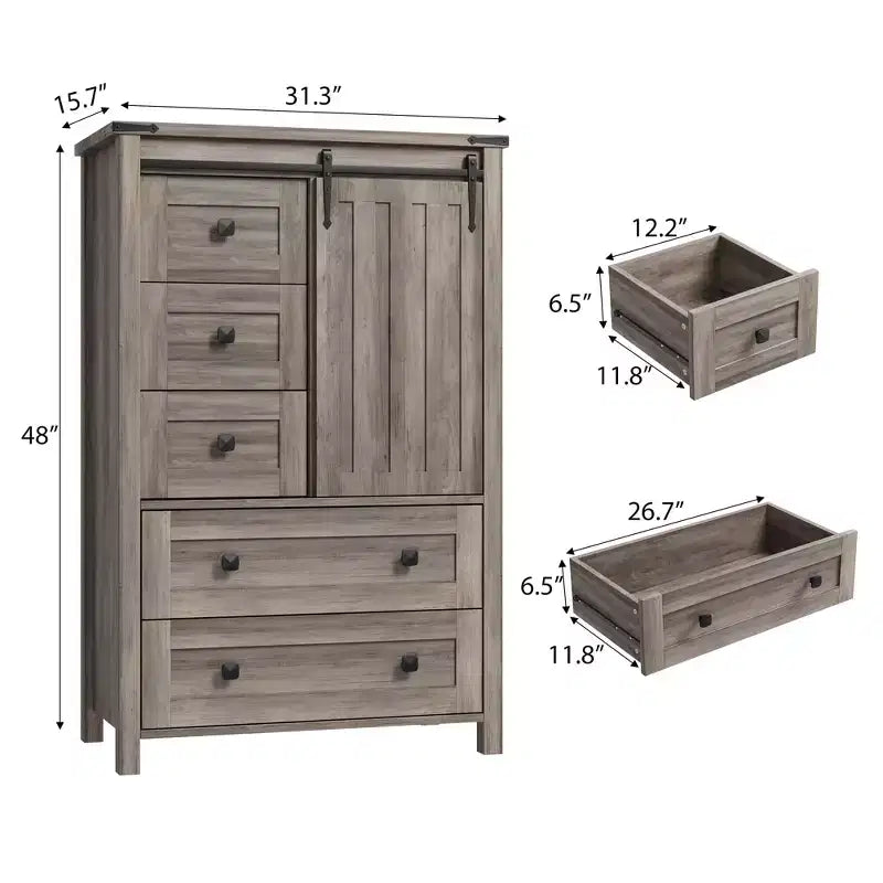 Commode de ferme Whizmax 48 - Commode en bois à 5 tiroirs avec porte coulissante de style grange et étagère réglable, Organisateur de rangement pour chambre à coucher