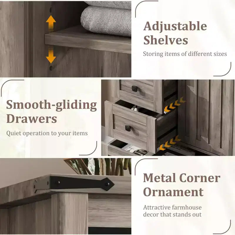 Commode de ferme Whizmax 48 - Commode en bois à 5 tiroirs avec porte coulissante de style grange et étagère réglable, Organisateur de rangement pour chambre à coucher