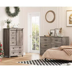 Commode de ferme Whizmax 48 - Commode en bois à 5 tiroirs avec porte coulissante de style grange et étagère réglable, Organisateur de rangement pour chambre à coucher