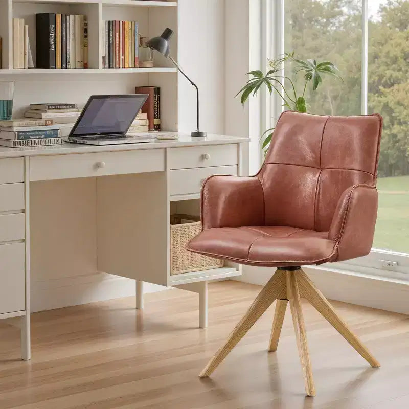 Fauteuils de bureau pivotants Art Leon en cuir véritable pleine fleur de luxe avec pieds en bois