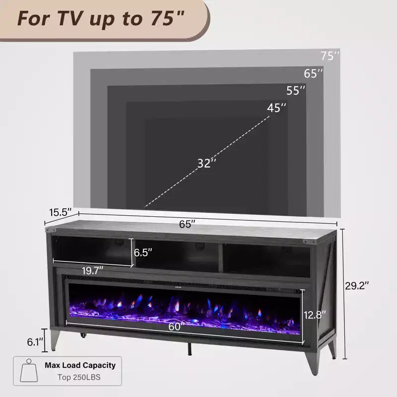 Meuble TV Amerlife 65 avec foyer électrique en verre 60