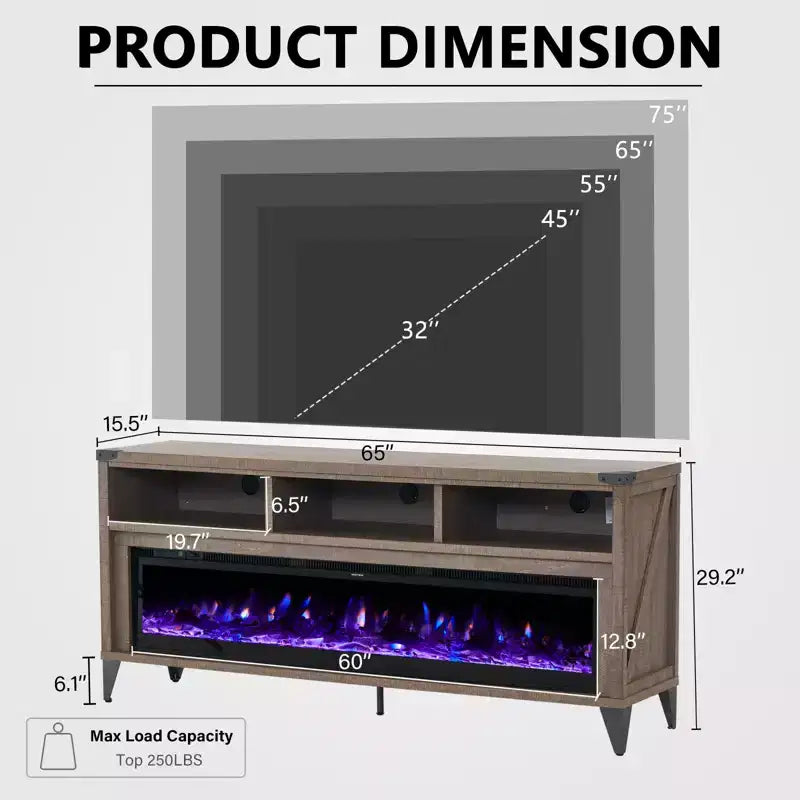 Meuble TV Amerlife 65 avec foyer électrique en verre 60