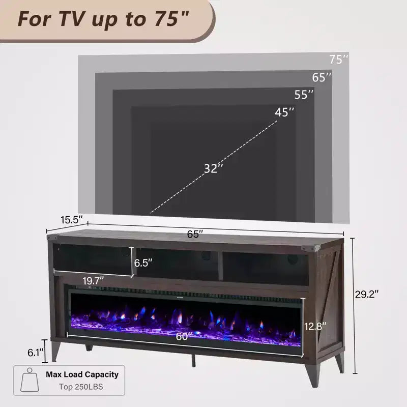Meuble TV Amerlife 65 avec foyer électrique en verre 60