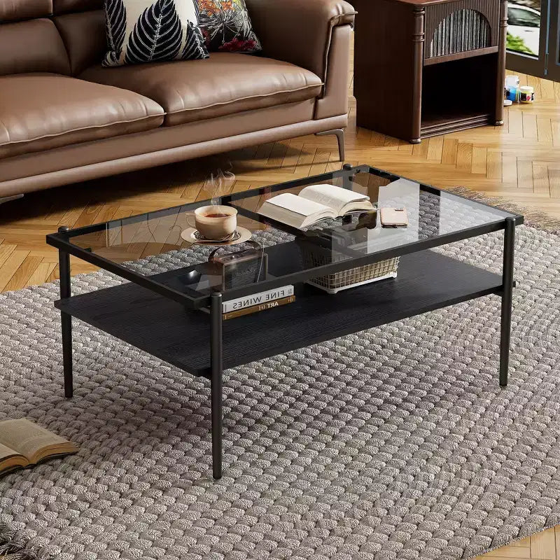 Tables basses rectangulaires modernes Okak avec plateau en verre trempé gris et pieds noirs pour salon/bureau, gain de place