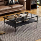 Tables basses rectangulaires modernes Okak avec plateau en verre trempé gris et pieds noirs pour salon/bureau, gain de place