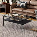 Tables basses rectangulaires modernes Okak avec plateau en verre trempé gris et pieds noirs pour salon/bureau, gain de place