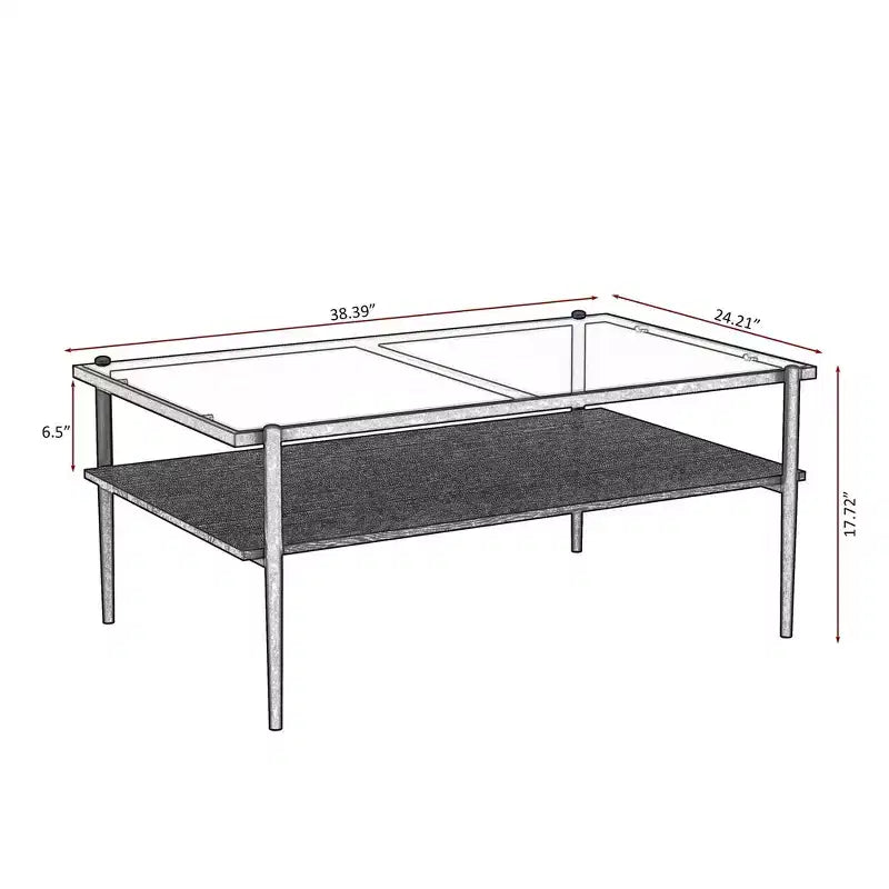 Tables basses rectangulaires modernes Okak avec plateau en verre trempé gris et pieds noirs pour salon/bureau, gain de place