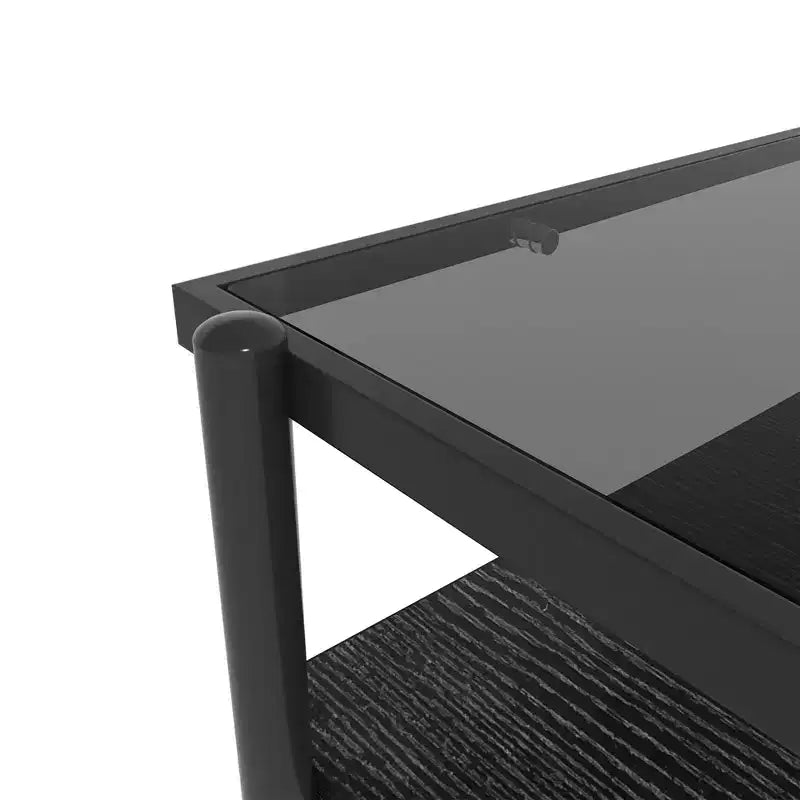 Tables basses rectangulaires modernes Okak avec plateau en verre trempé gris et pieds noirs pour salon/bureau, gain de place
