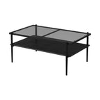 Tables basses rectangulaires modernes Okak avec plateau en verre trempé gris et pieds noirs pour salon/bureau, gain de place