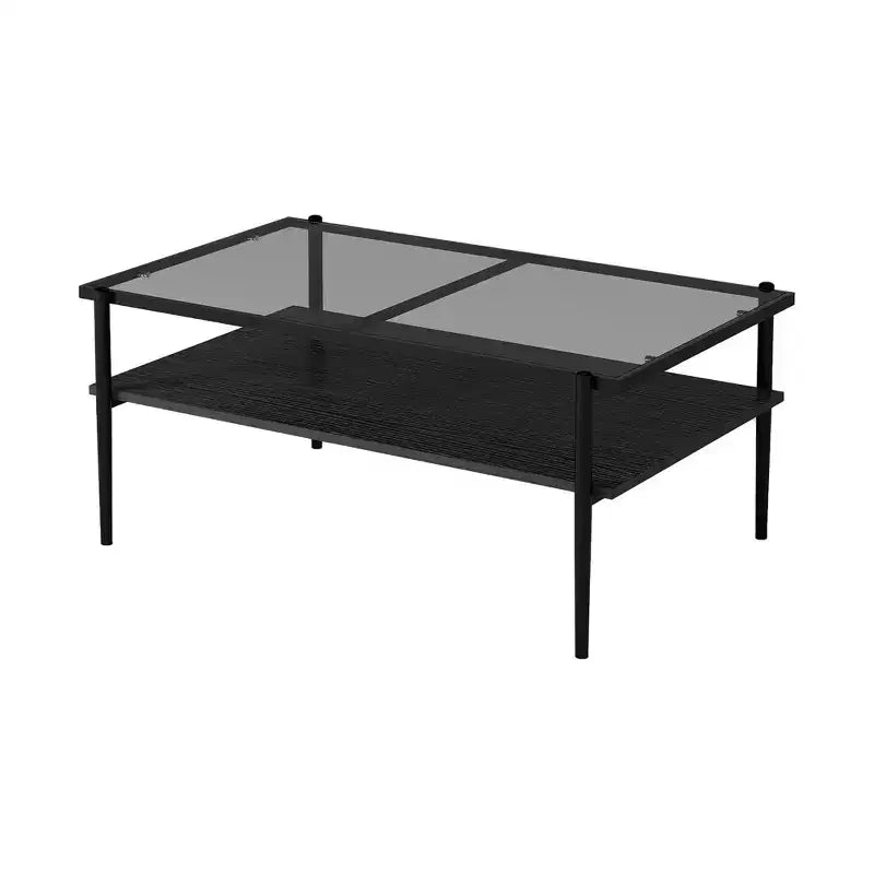 Tables basses rectangulaires modernes Okak avec plateau en verre trempé gris et pieds noirs pour salon/bureau, gain de place