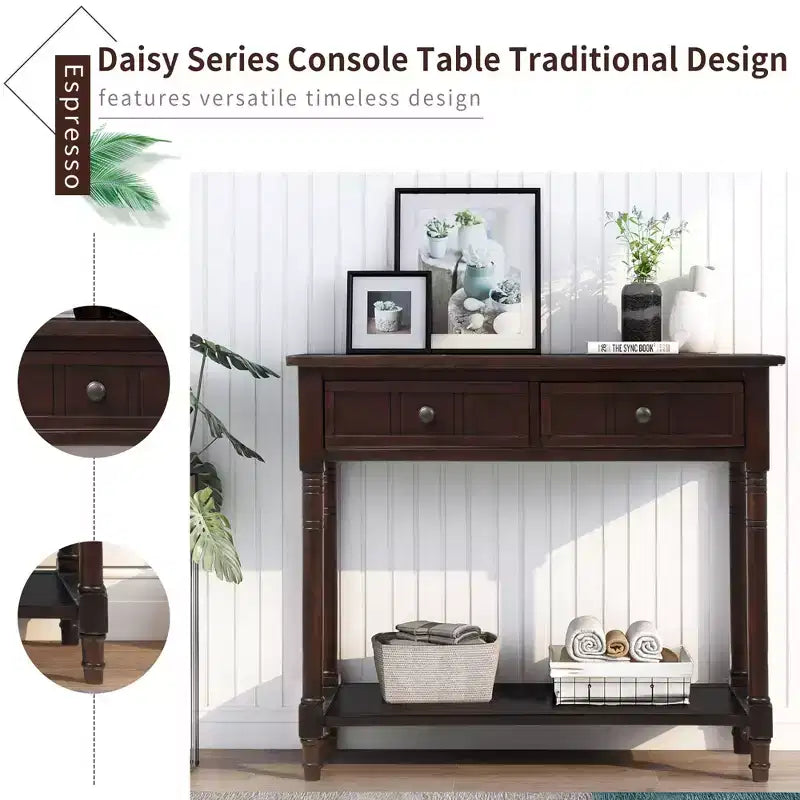 La console traditionnelle Misty Moon Daisy Series avec deux tiroirs et une étagère inférieure (Espresso)
