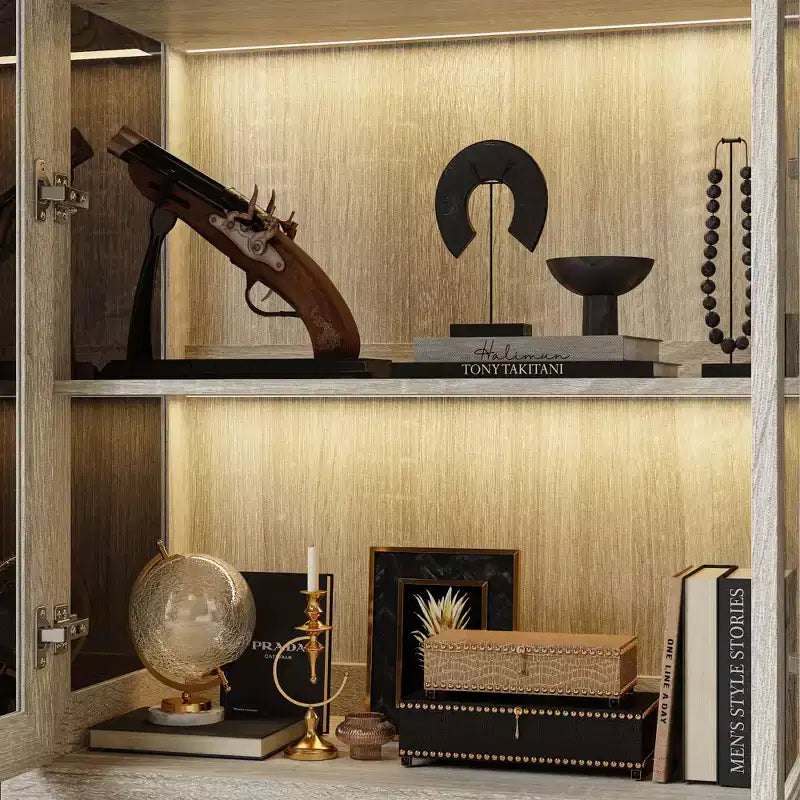 Bibliothèque Famapy Chêne Gris avec Vitrine en Verre et Bande Lumineuse LED, Étagère Haute avec Portes, Vitrine de Rangement