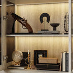 Bibliothèque Famapy Chêne Gris avec Vitrine en Verre et Bande Lumineuse LED, Étagère Haute avec Portes, Vitrine de Rangement