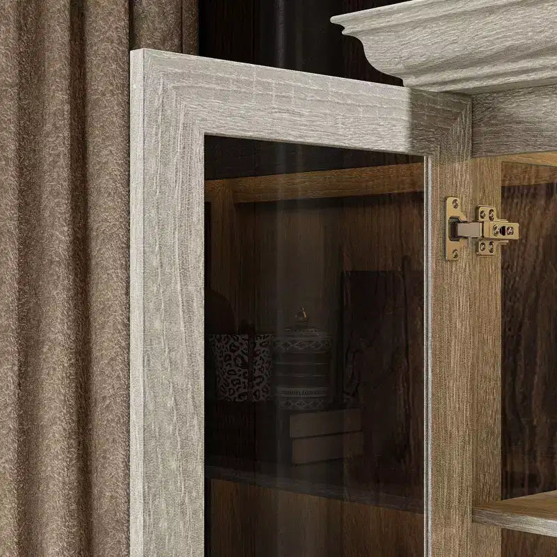 Bibliothèque Famapy Chêne Gris avec Vitrine en Verre et Bande Lumineuse LED, Étagère Haute avec Portes, Vitrine de Rangement